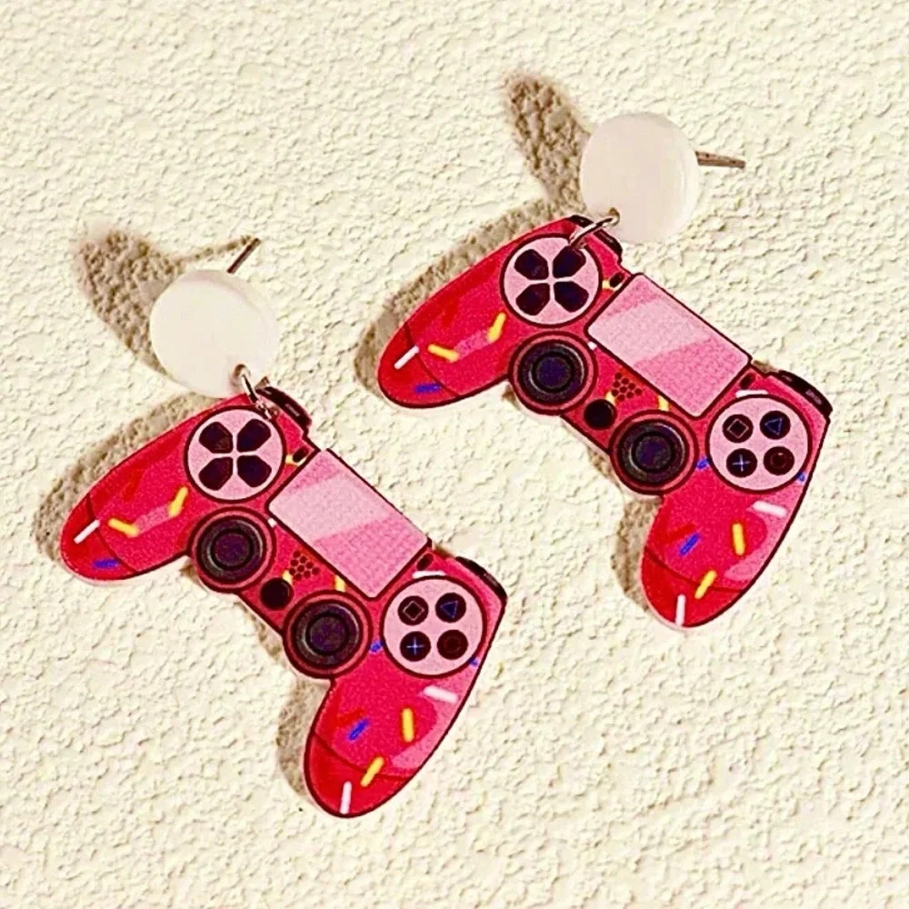 Y2K Cartoon Cake Sprinkle Hot Pink Game Controller Acrylic Dangle Earrings NEW
